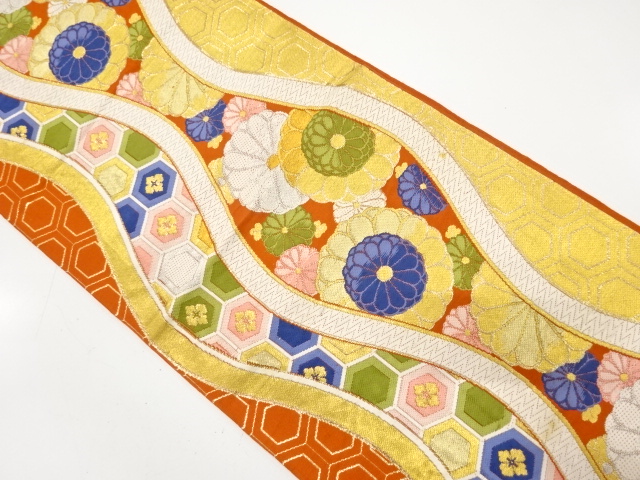 アンティーク　立涌に菊・古典柄織り出し袋帯（材料）